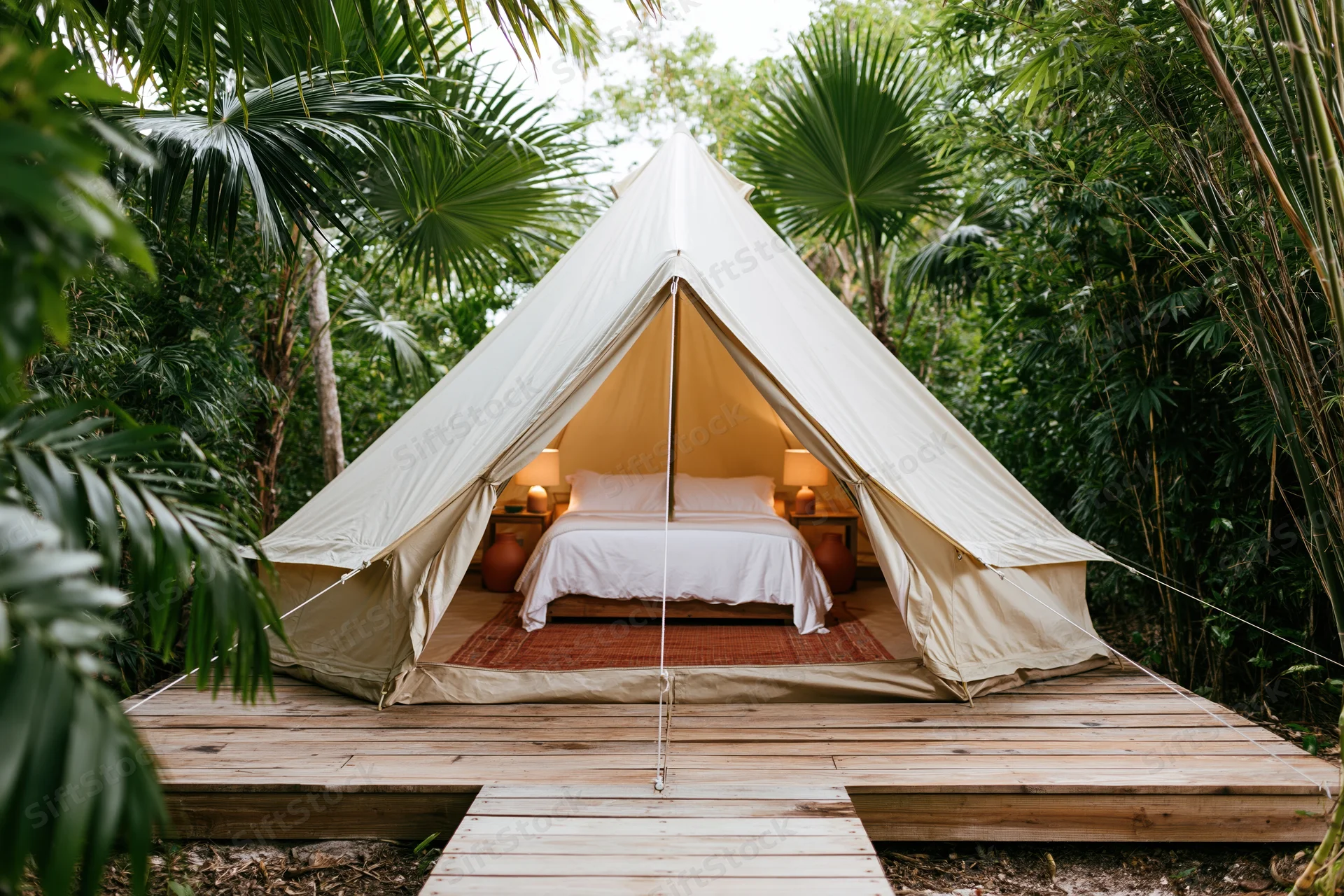 Luxury bell tent with open flaps revealing bed and lamps on wooden deck surrounded by tropical foliage