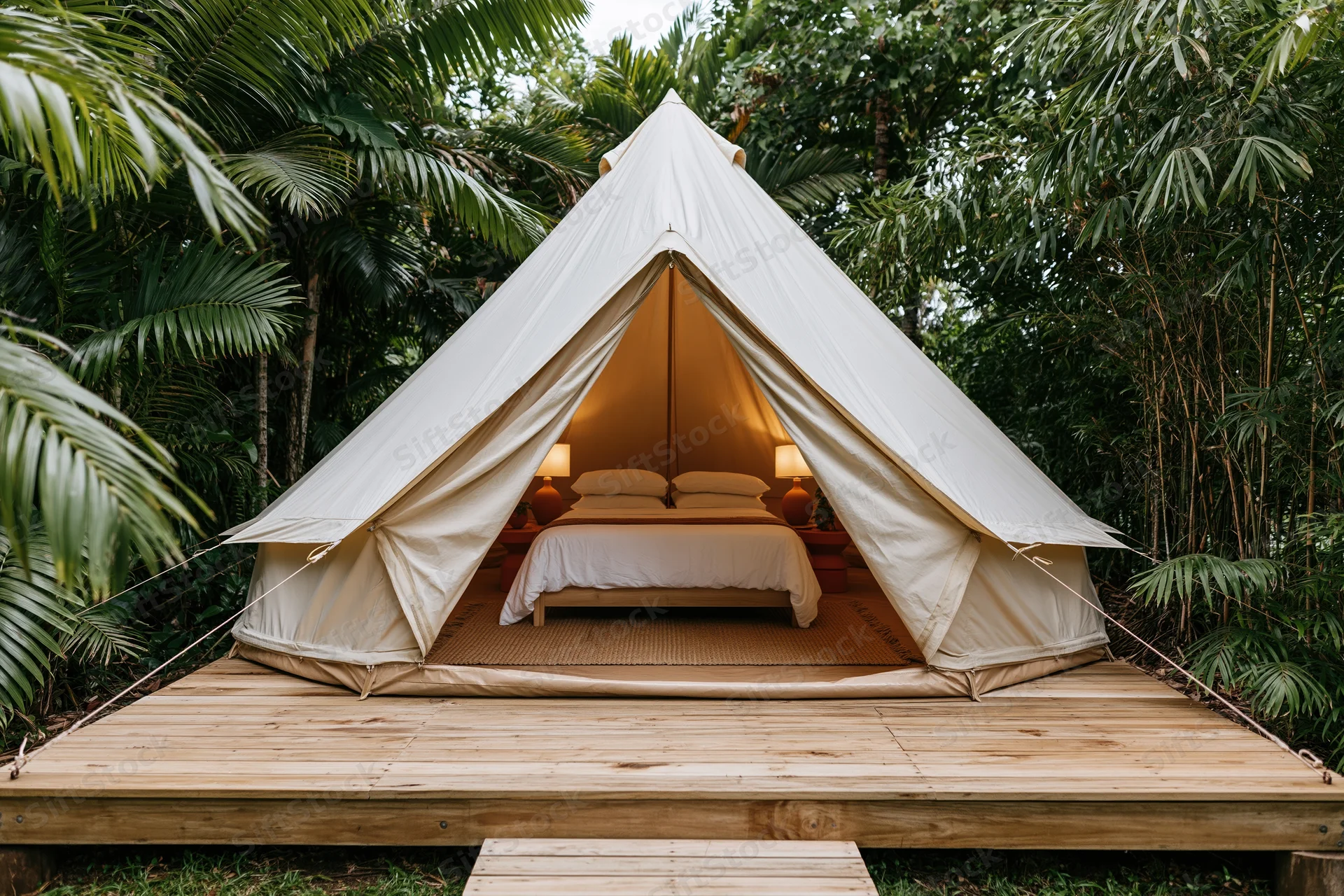 Luxury bell tent with open canvas flaps revealing a bed on a wooden deck surrounded by tropical foliage