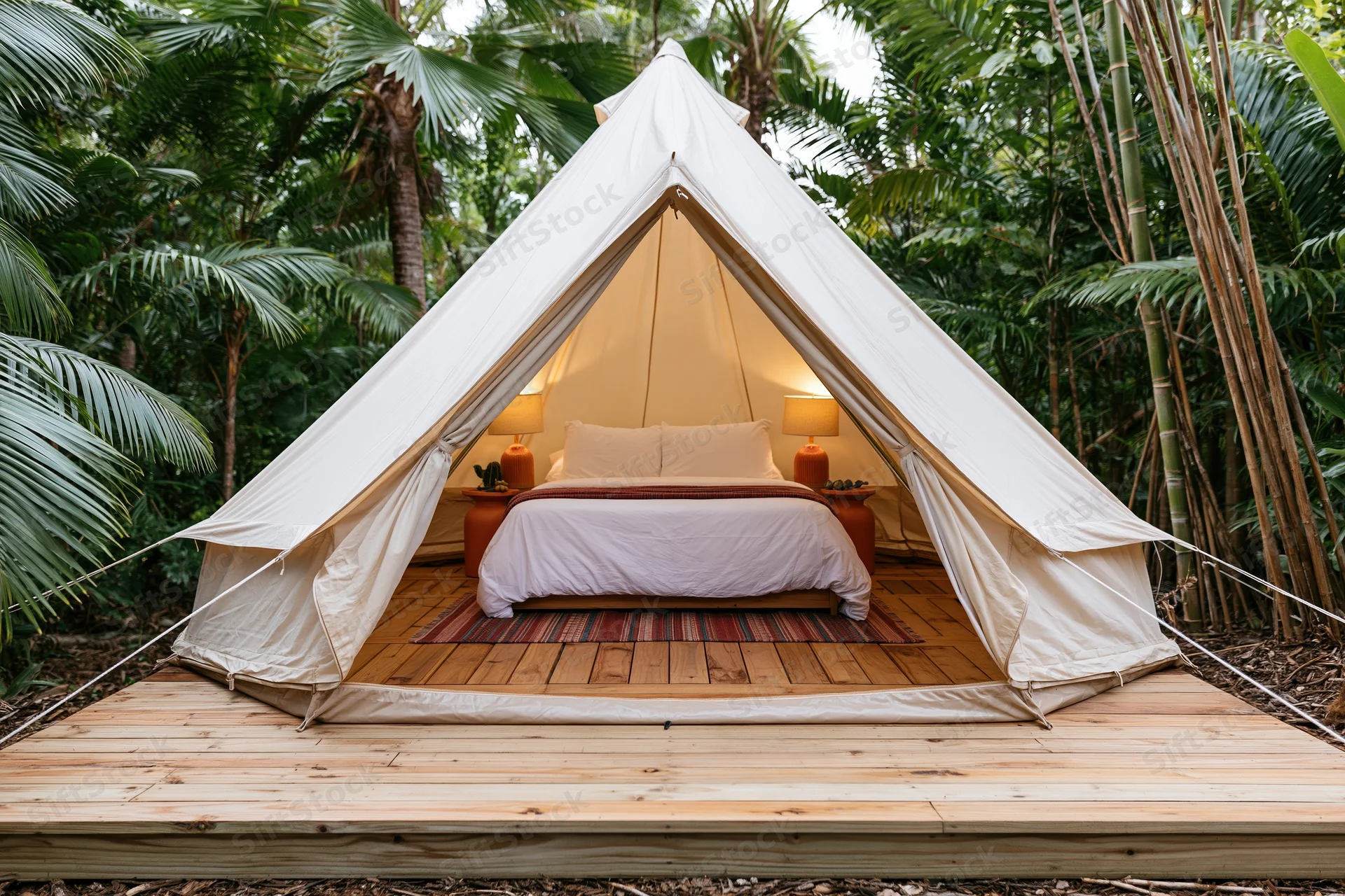 Luxury bell tent with open flaps revealing a bed on wooden platform surrounded by tropical foliage