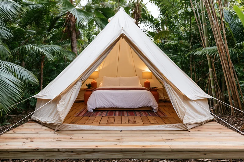 Luxury bell tent with open flaps revealing a bed on wooden platform surrounded by tropical foliage