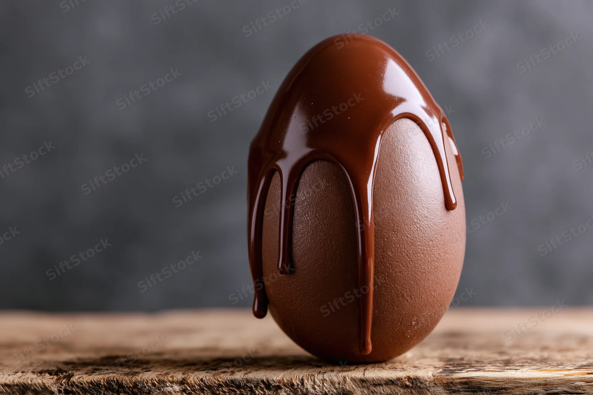 Chocolate egg standing upright with melted milk chocolate dripping down its surface on a wooden table