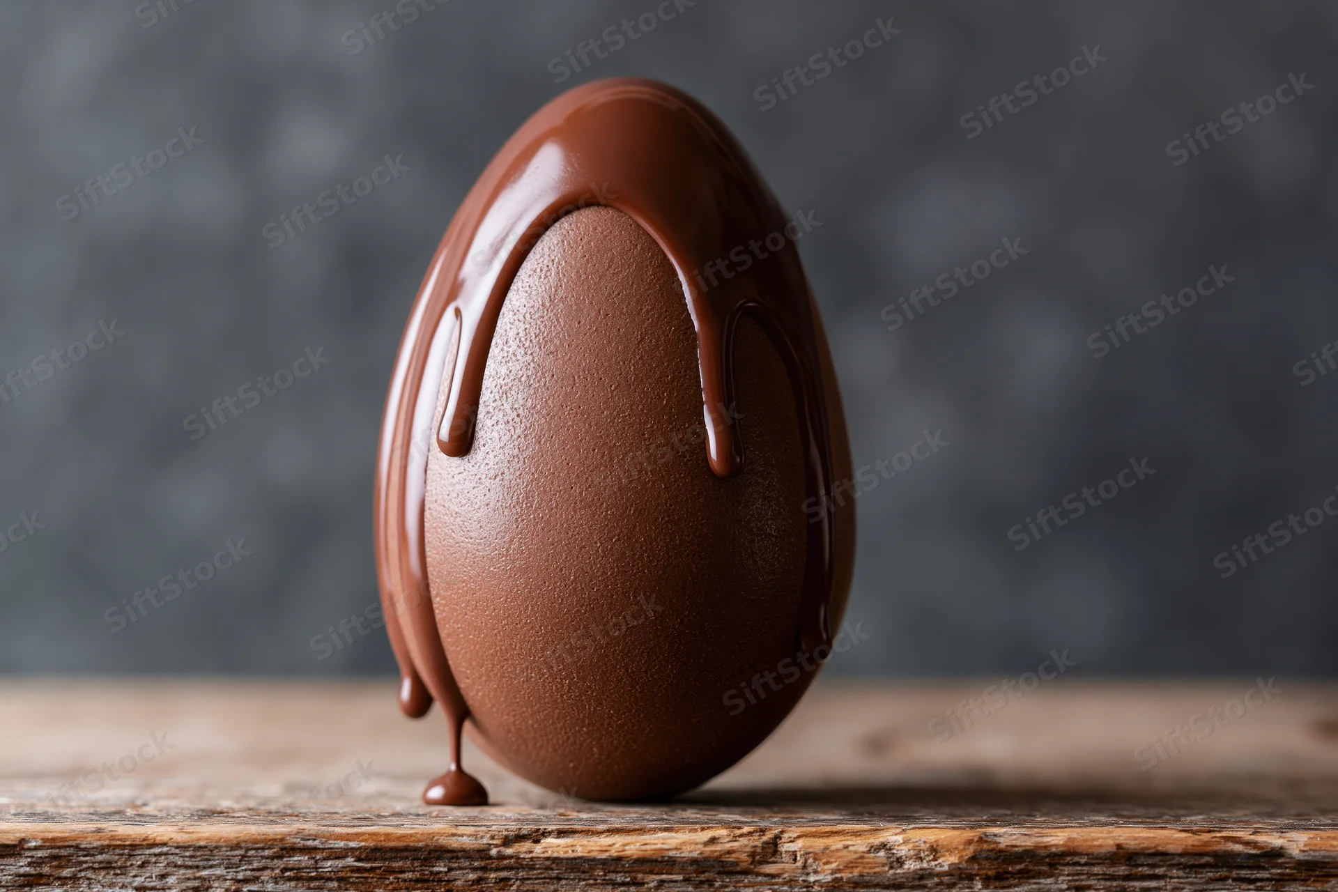 Chocolate egg with melted milk chocolate dripping down its side onto a wooden surface