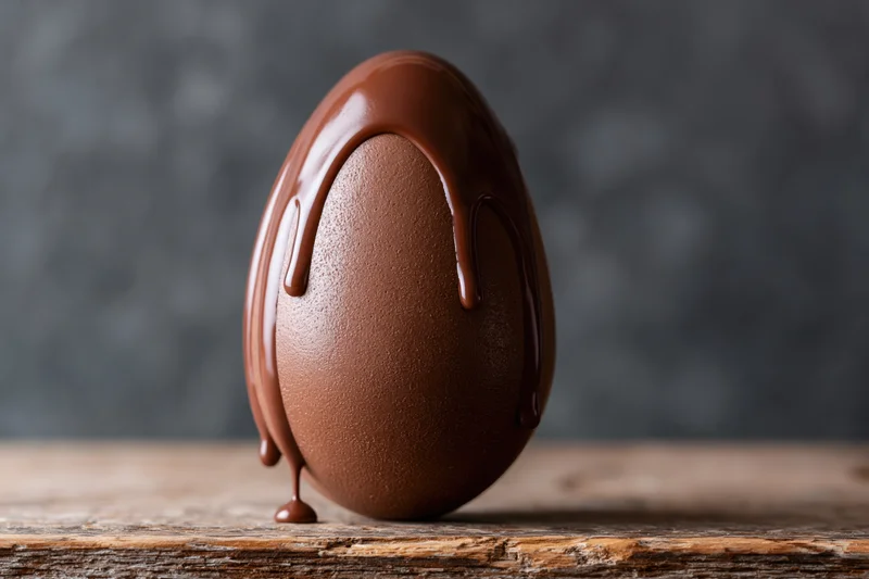 Chocolate egg with melted milk chocolate dripping down its side onto a wooden surface