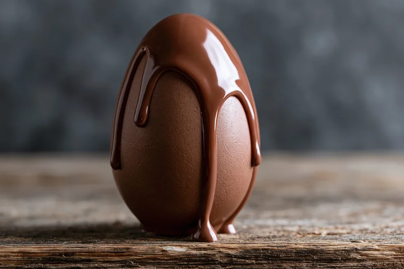 Chocolate egg with melted milk chocolate dripping down, standing on a rustic wooden surface