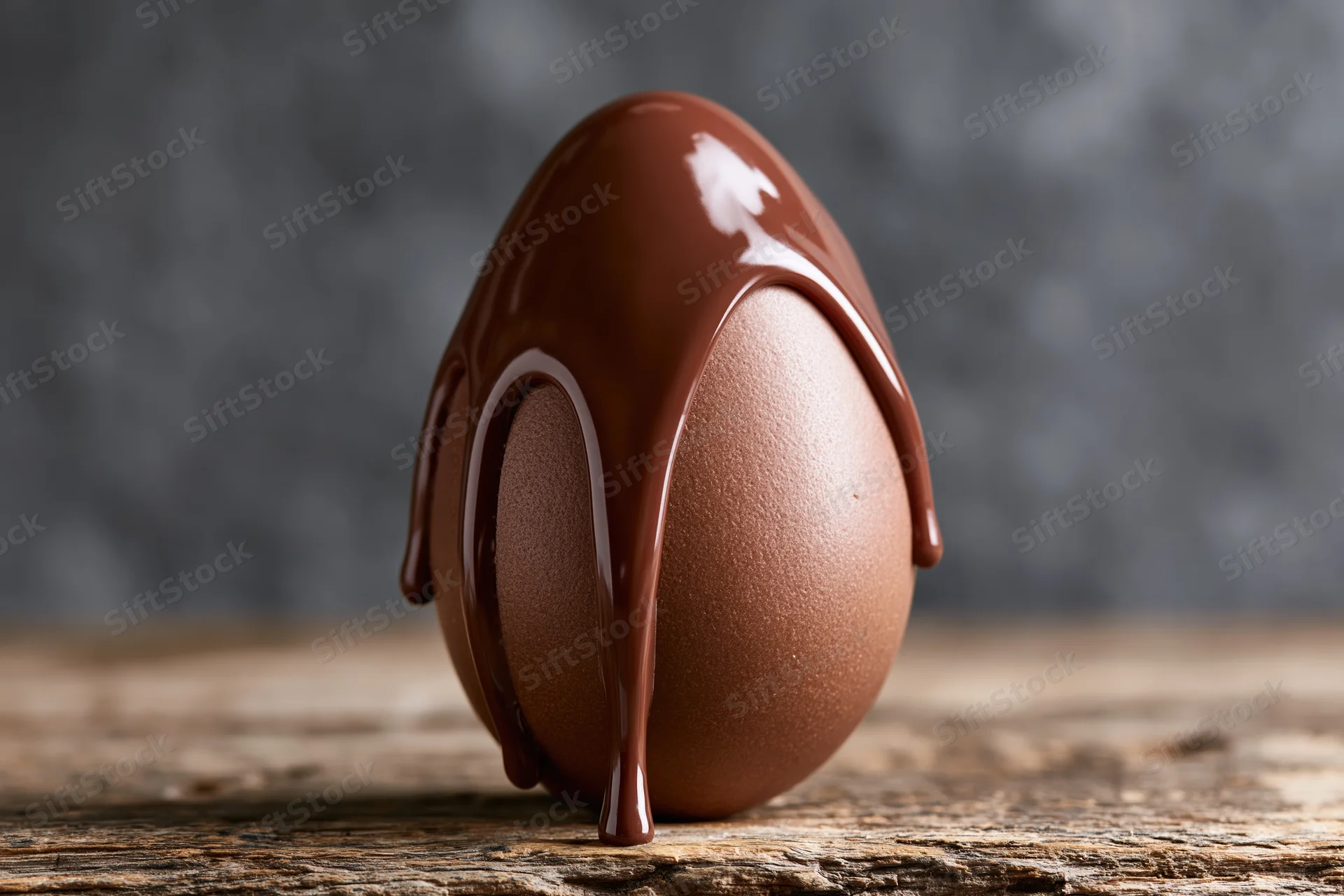 Chocolate egg with melted milk chocolate dripping down, standing on a wooden surface