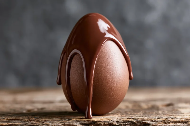 Chocolate egg with melted milk chocolate dripping down, standing on a wooden surface