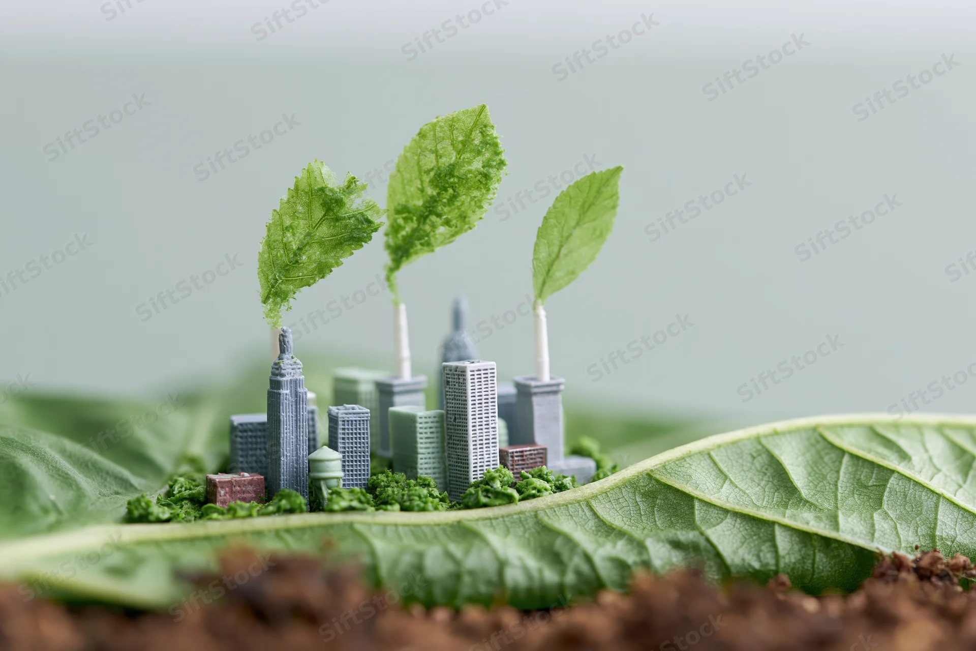 Miniature eco city model with green sprouts growing from buildings on a large leaf