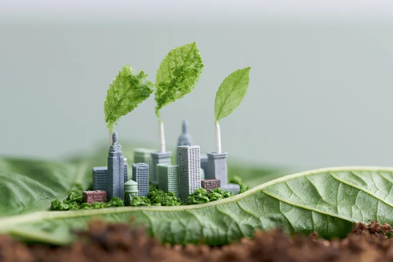 Miniature eco city model with green sprouts growing from buildings on a large leaf