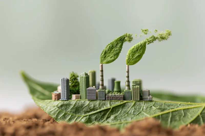 Miniature eco city model on a large green leaf with growing plants and smoke-emitting chimneys