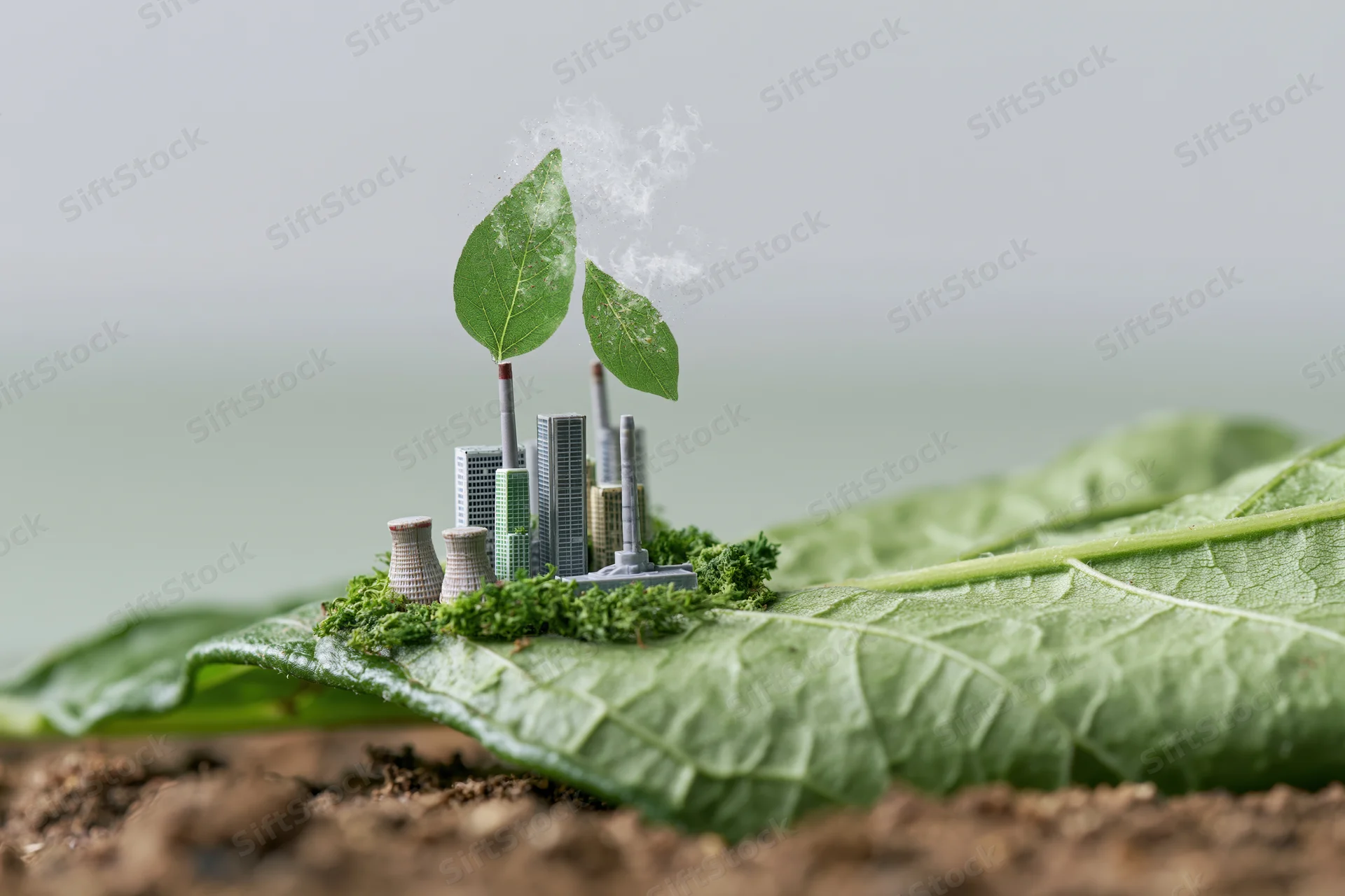 Miniature eco city model with green leaves and smoke-emitting chimneys on a large leaf resting on soil