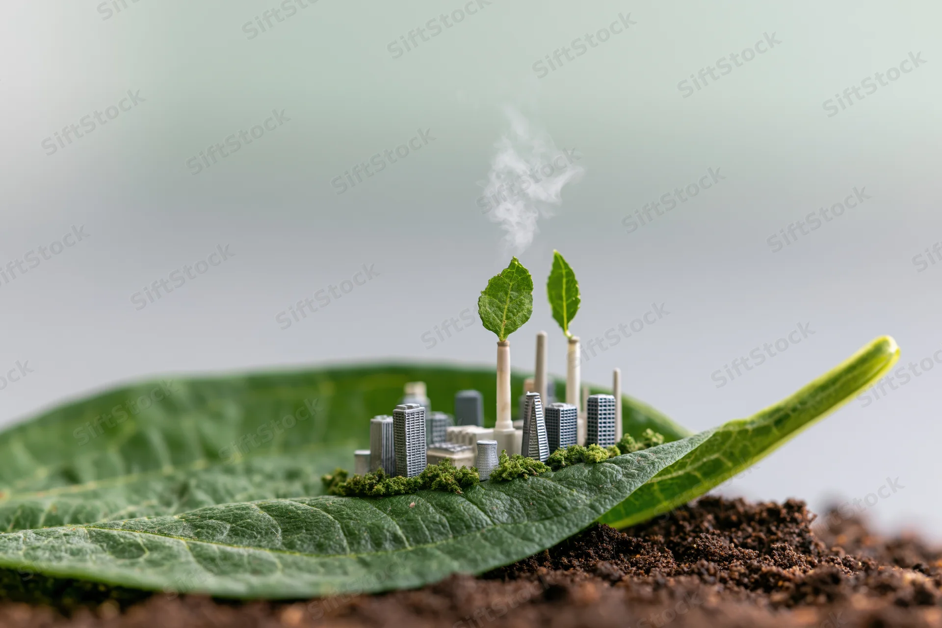 Miniature eco city model on a large green leaf with smoke rising from chimneys, set on soil