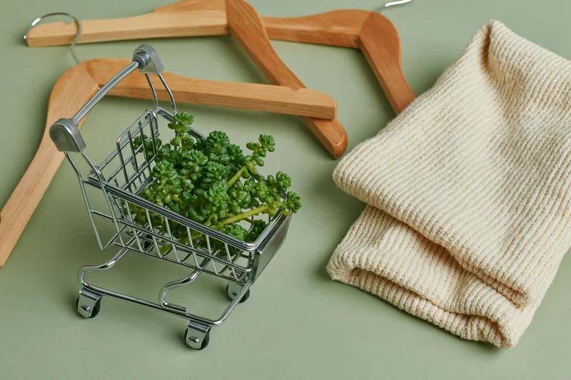 Miniature silver shopping cart filled with green succulents beside wooden hangers and folded beige sweater on muted green surface