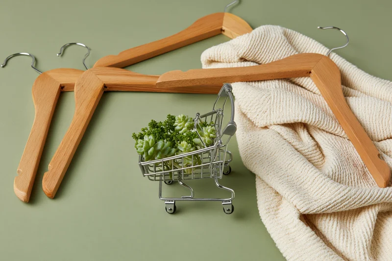 Miniature silver metal shopping cart filled with small green succulents beside wooden hangers and a cream knit sweater on a muted green surface