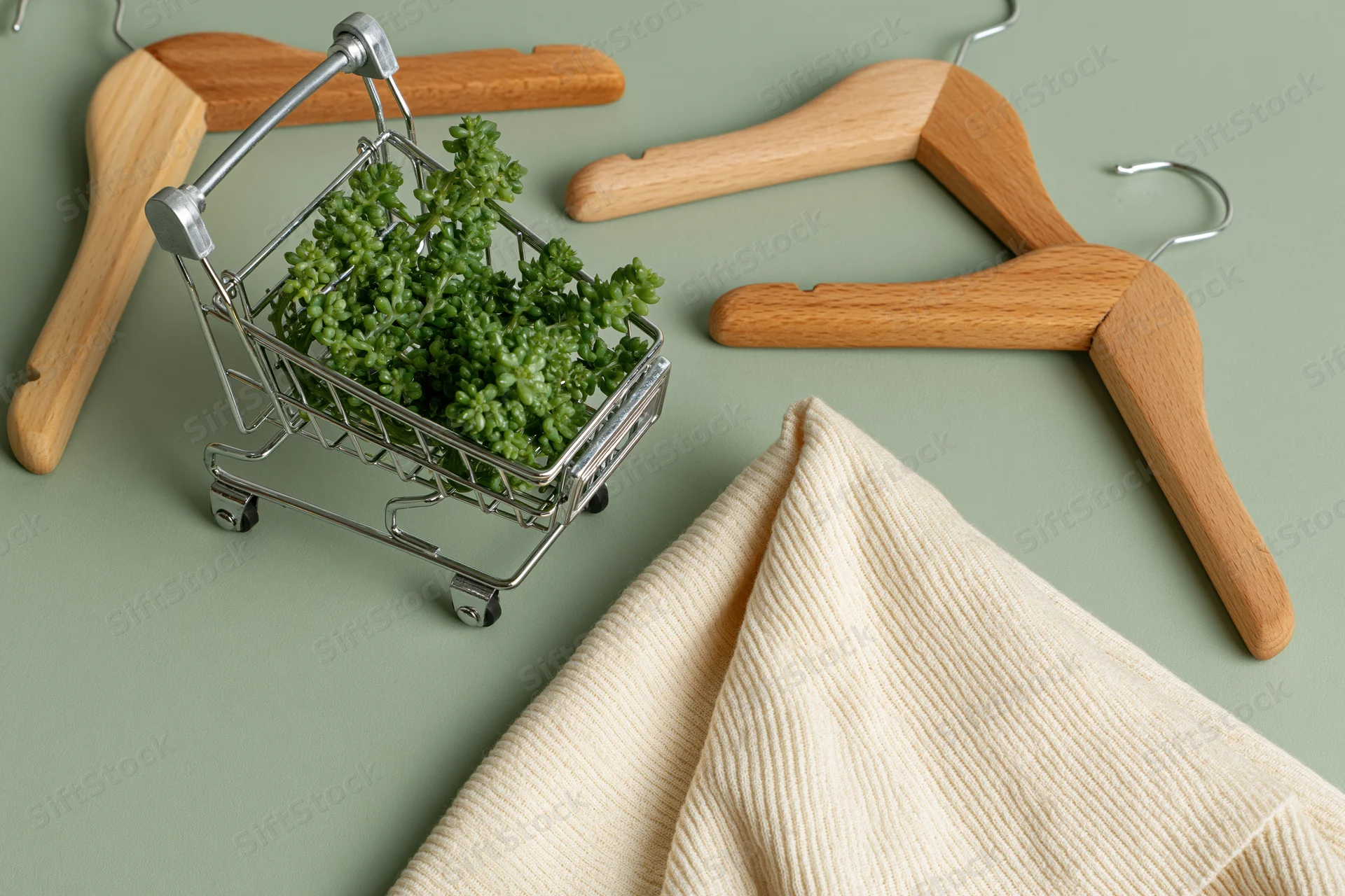 Miniature silver shopping cart filled with green succulents beside wooden hangers and beige ribbed knit garment on muted green surface