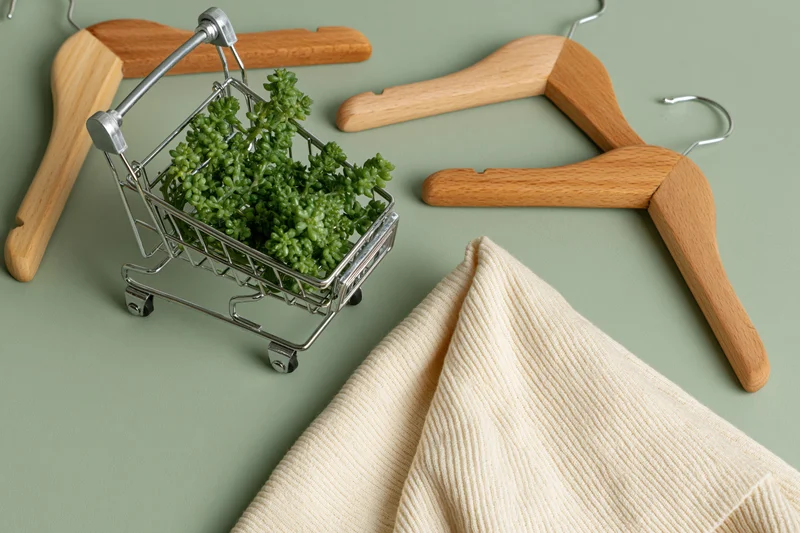 Miniature silver shopping cart filled with green succulents beside wooden hangers and beige ribbed knit garment on muted green surface