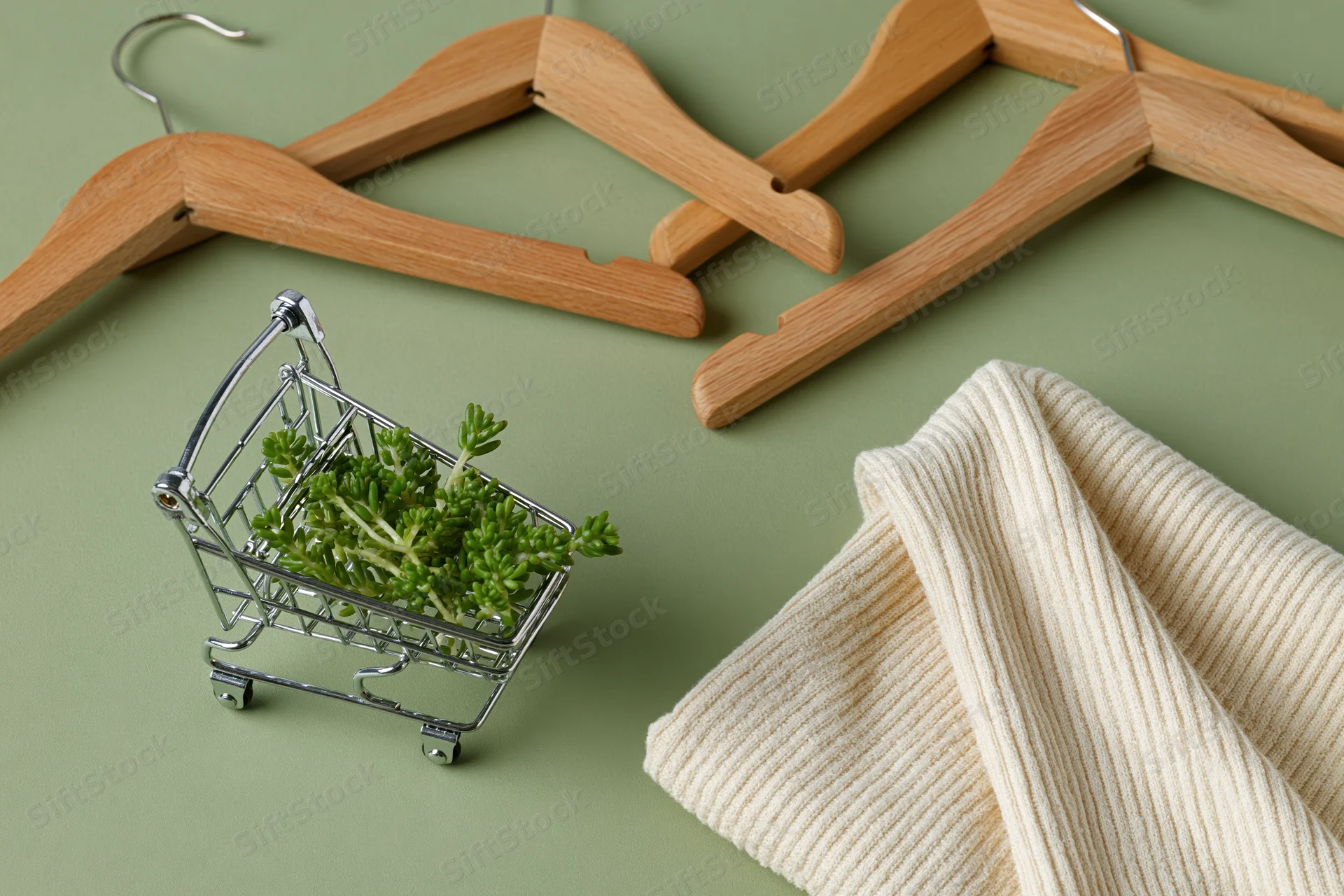 Miniature silver shopping cart filled with green succulent plants on olive green surface with wooden hangers and cream ribbed sweater nearby