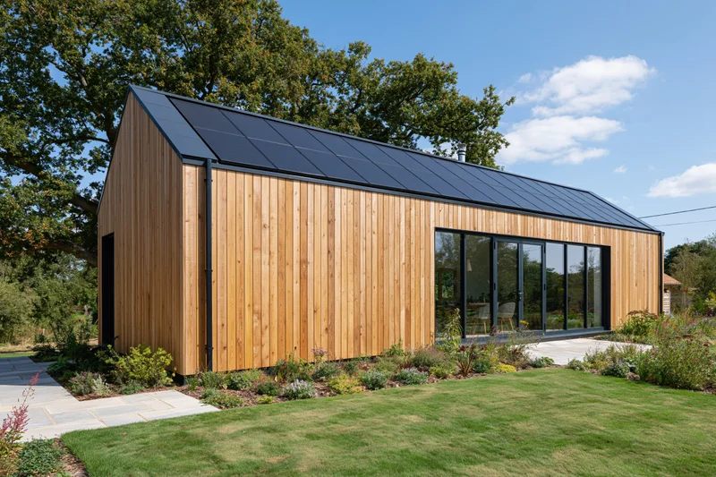 Modern barn-style house with vertical timber cladding and solar panels on roof surrounded by garden and lawn