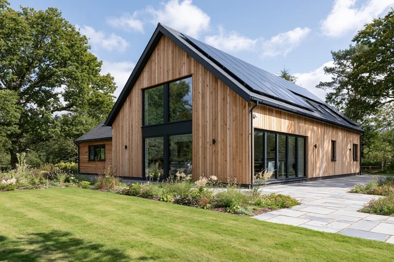 Modern barn-style house with vertical timber cladding and solar panels on the roof, surrounded by green lawn and trees under a blue sky with clouds