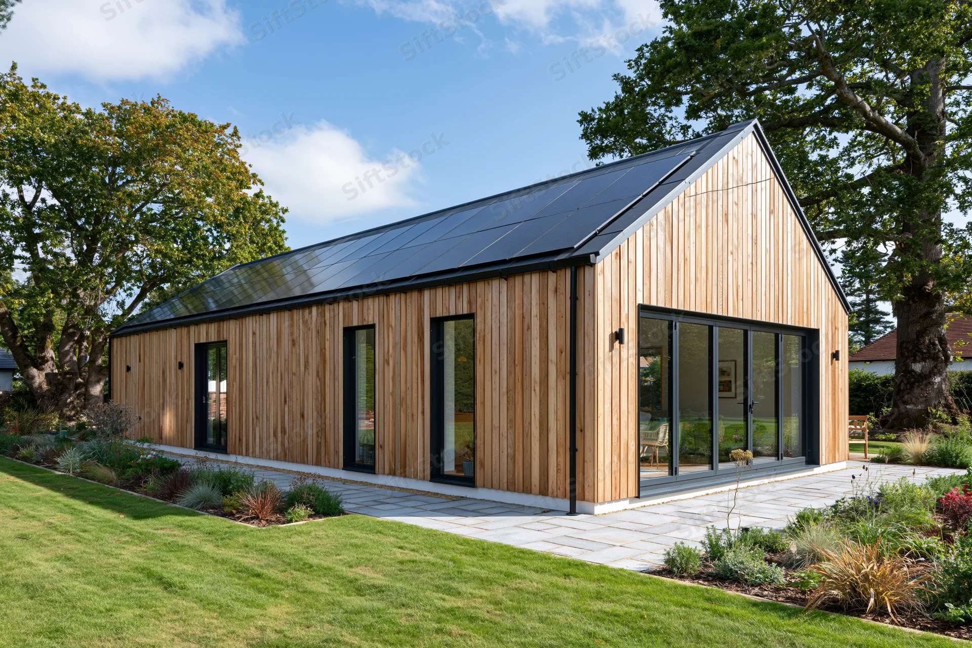 Modern barn-style house with vertical timber cladding and solar panels on the roof, surrounded by garden and trees