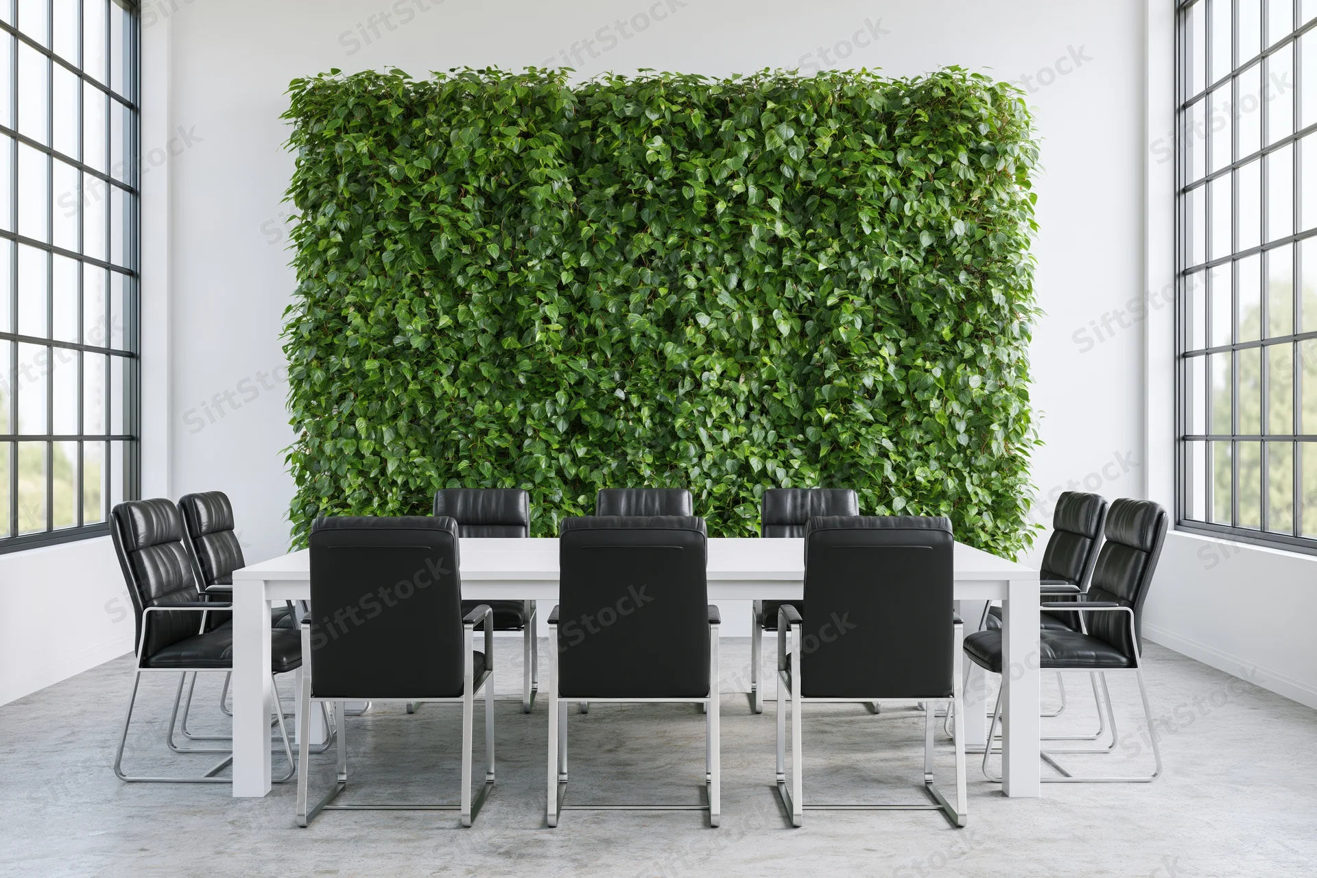 Modern conference room with white table and black chairs arranged around a green living wall between two windows