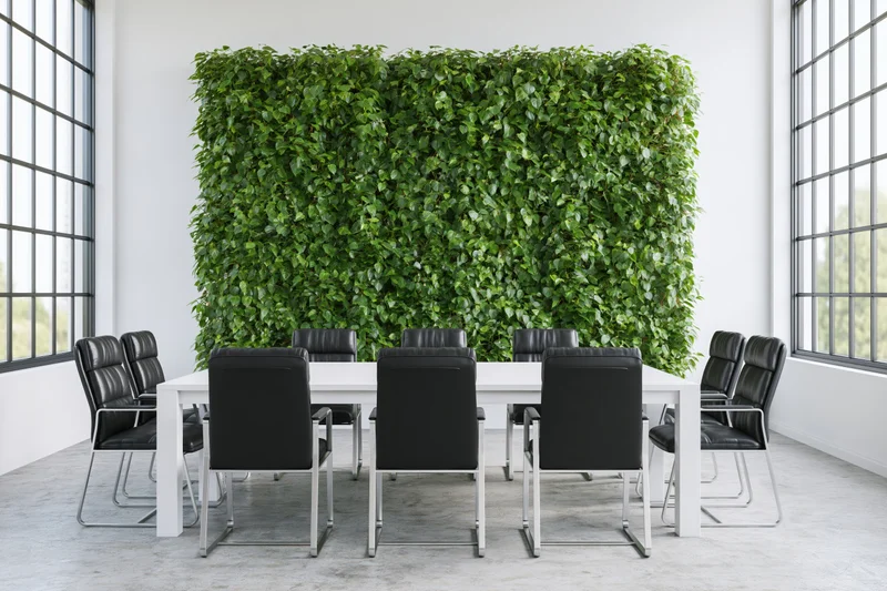 Modern conference room with white table and black chairs arranged around a green living wall between two windows