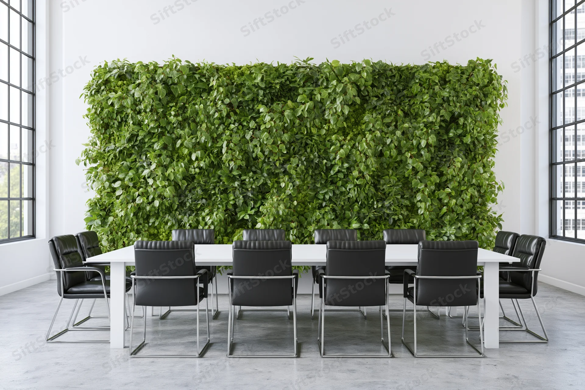 Modern conference room with long white table and black chairs arranged in front of a green living wall