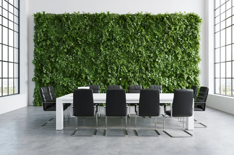 Modern conference room with white table and black chairs arranged in front of a living green wall, surrounded by large windows and concrete flooring