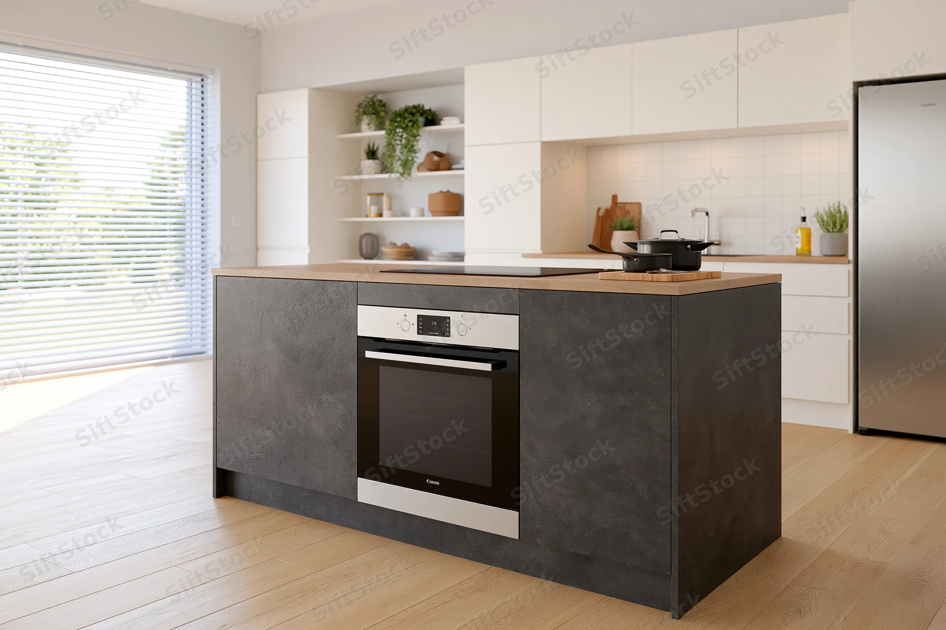 Modern open-plan kitchen with dark stone island and white cabinetry featuring built-in oven and stainless steel refrigerator