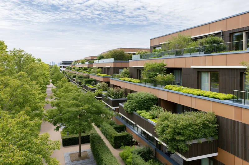 Modern residential apartment complex with rooftop gardens and balconies lined with greenery along a tree-lined walkway