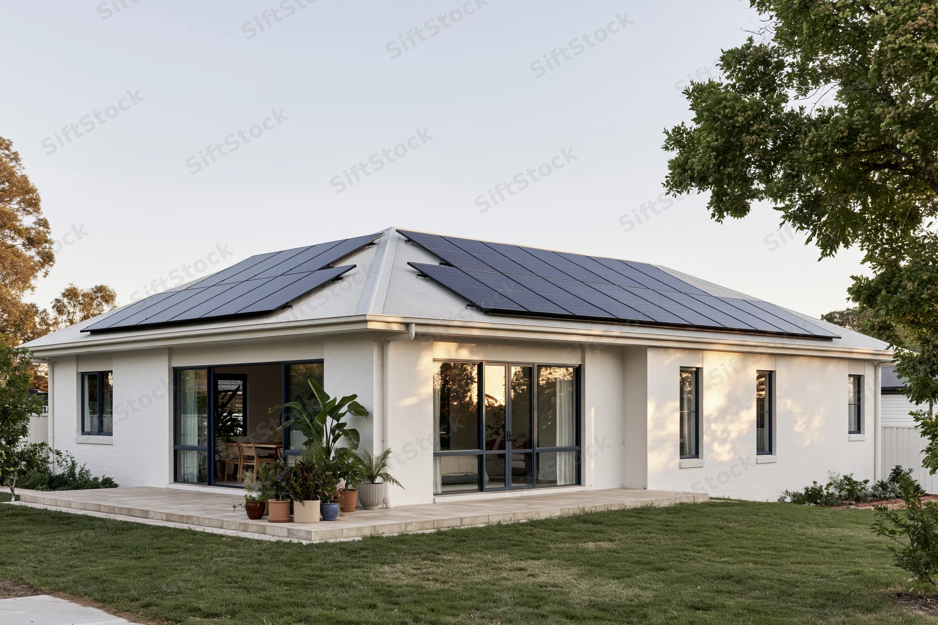 Modern single-story family home with solar panels on roof and potted plants on patio surrounded by lawn