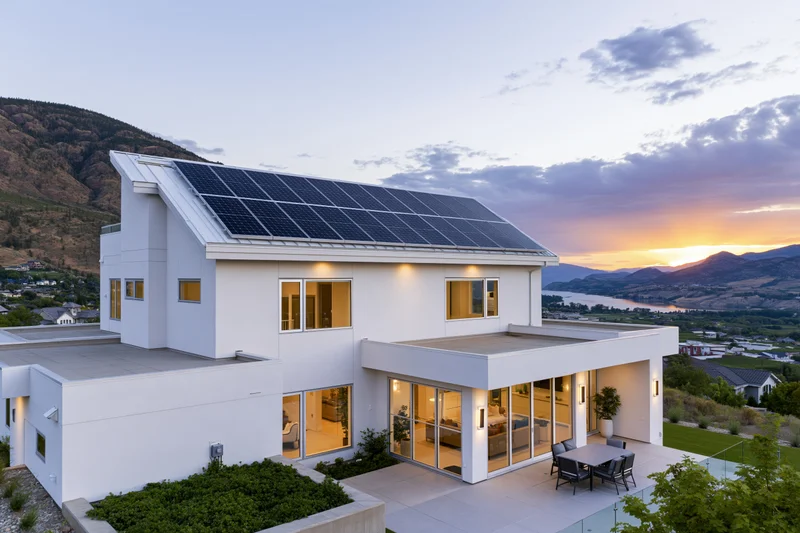 Modern white stucco house with solar panels on roof overlooking mountain valley at sunset