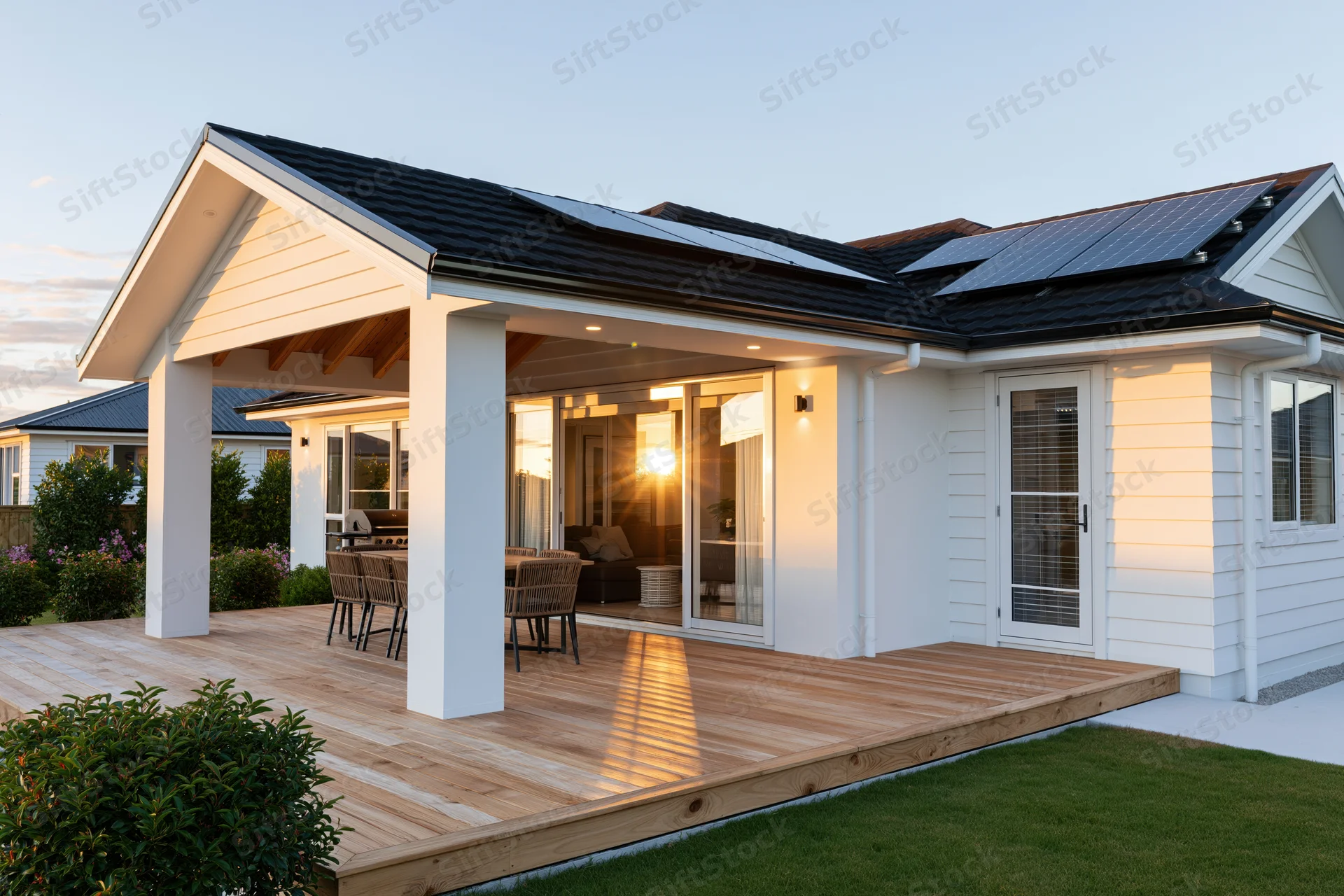 Modern white suburban house with solar panels on roof and wooden deck extending to backyard patio at sunset