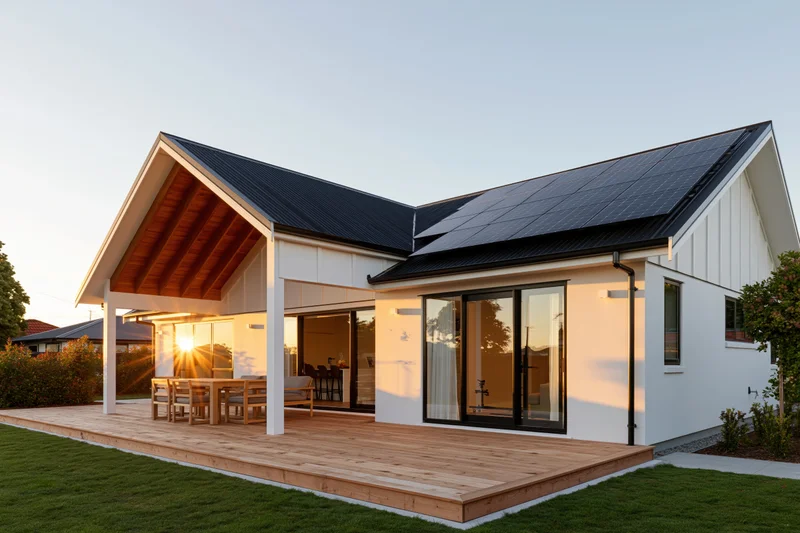 Modern white suburban house with solar panels on roof and wooden deck at sunset