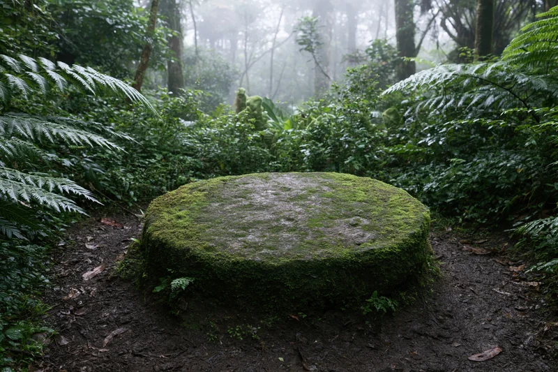 Moss-covered circular stone platform on muddy forest ground surrounded by ferns and dense green foliage
