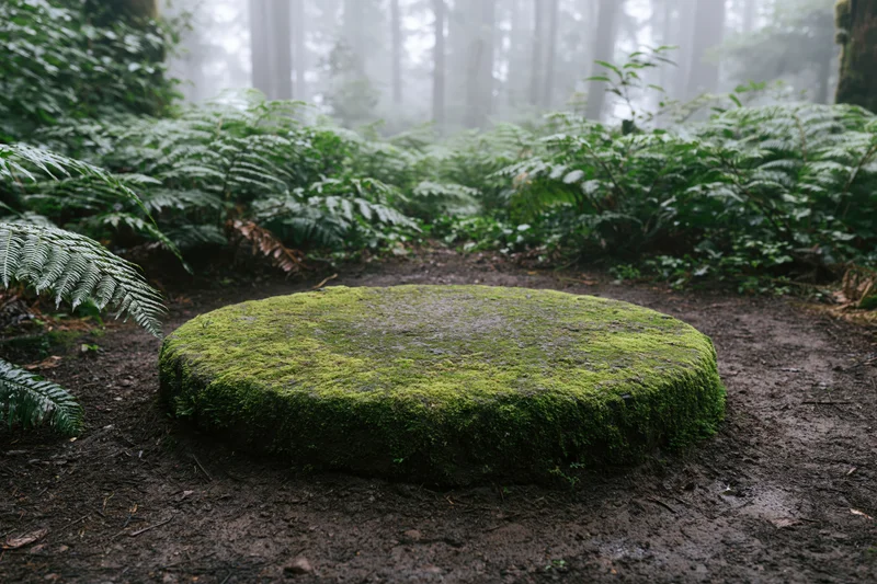 Moss-covered circular stone platform resting on muddy forest floor surrounded by ferns and foggy trees