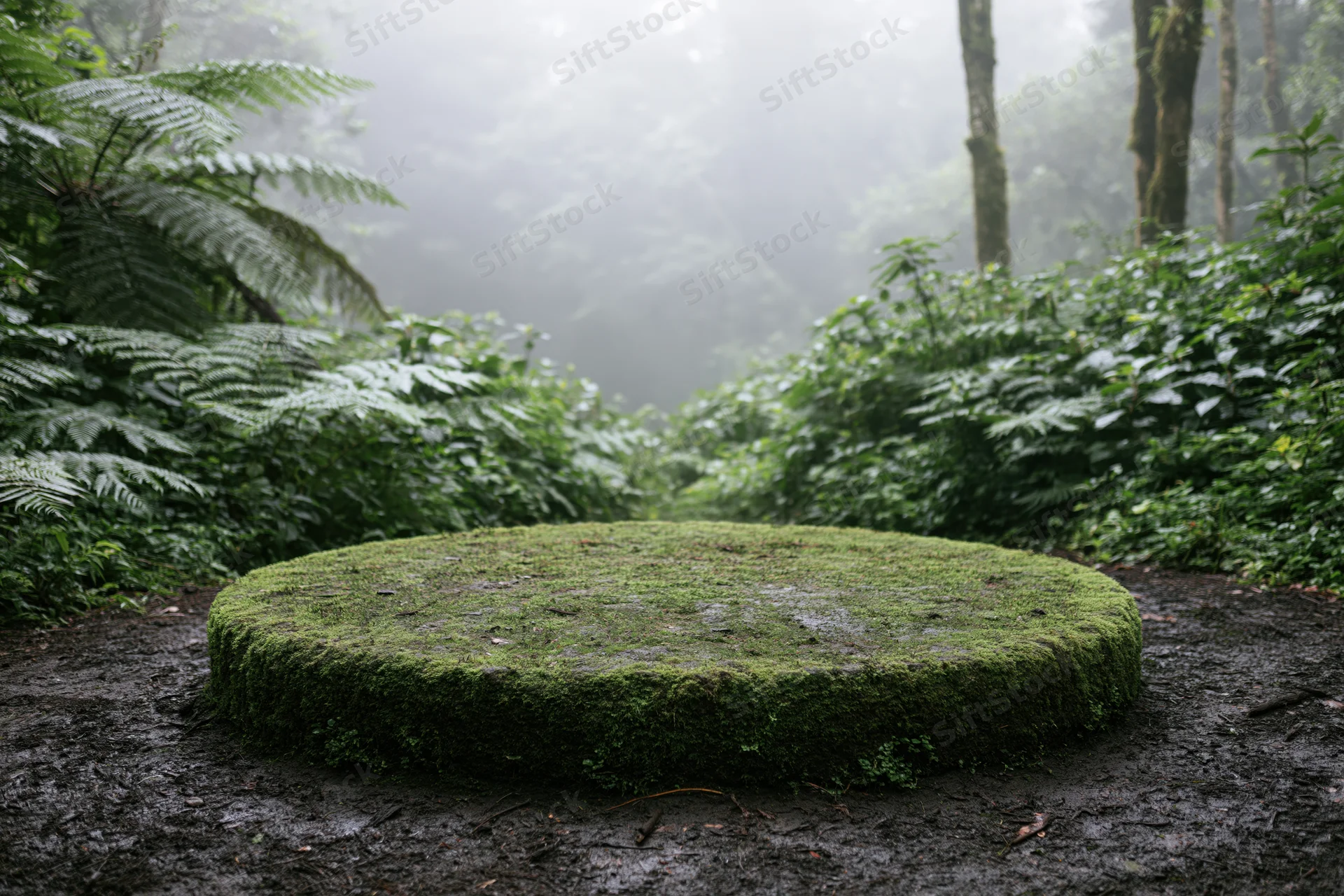 Moss-covered circular stone platform on muddy forest path surrounded by dense green foliage and mist