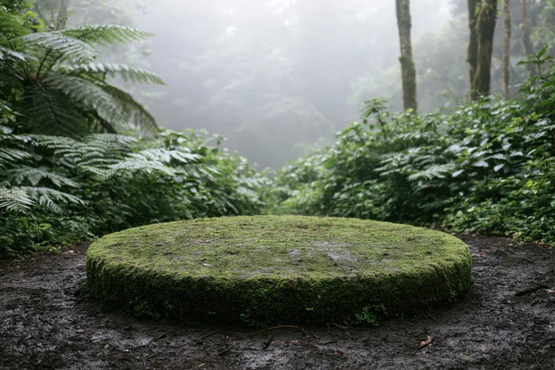 Moss-covered circular stone platform on muddy forest path surrounded by dense green foliage and mist
