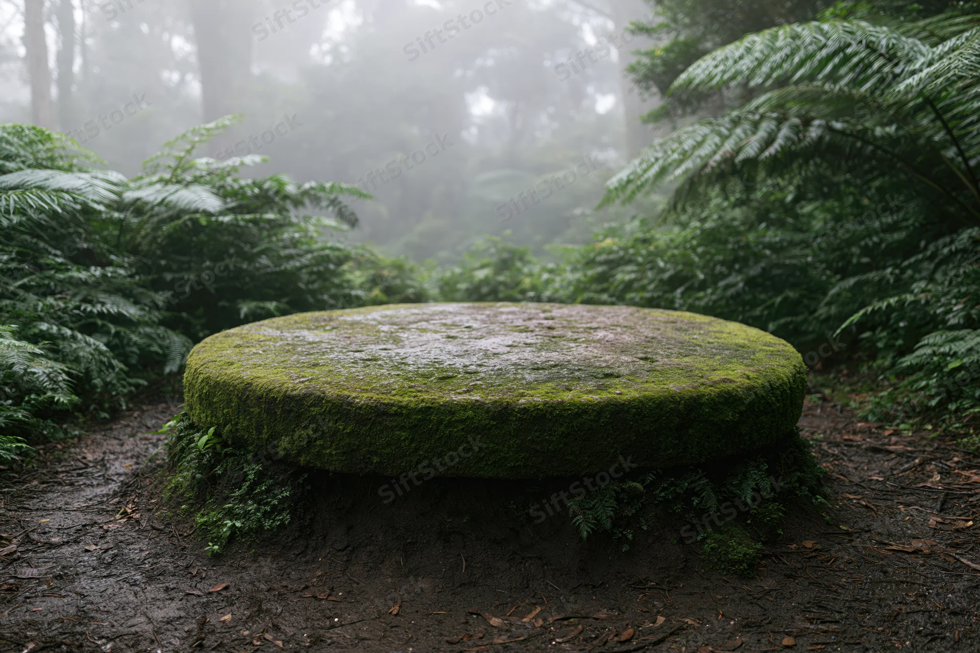 Moss-covered circular stone platform on muddy forest ground surrounded by ferns in foggy woodland