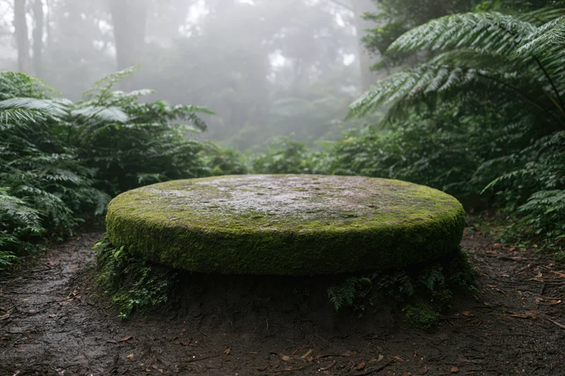 Moss-covered circular stone platform on muddy forest ground surrounded by ferns in foggy woodland