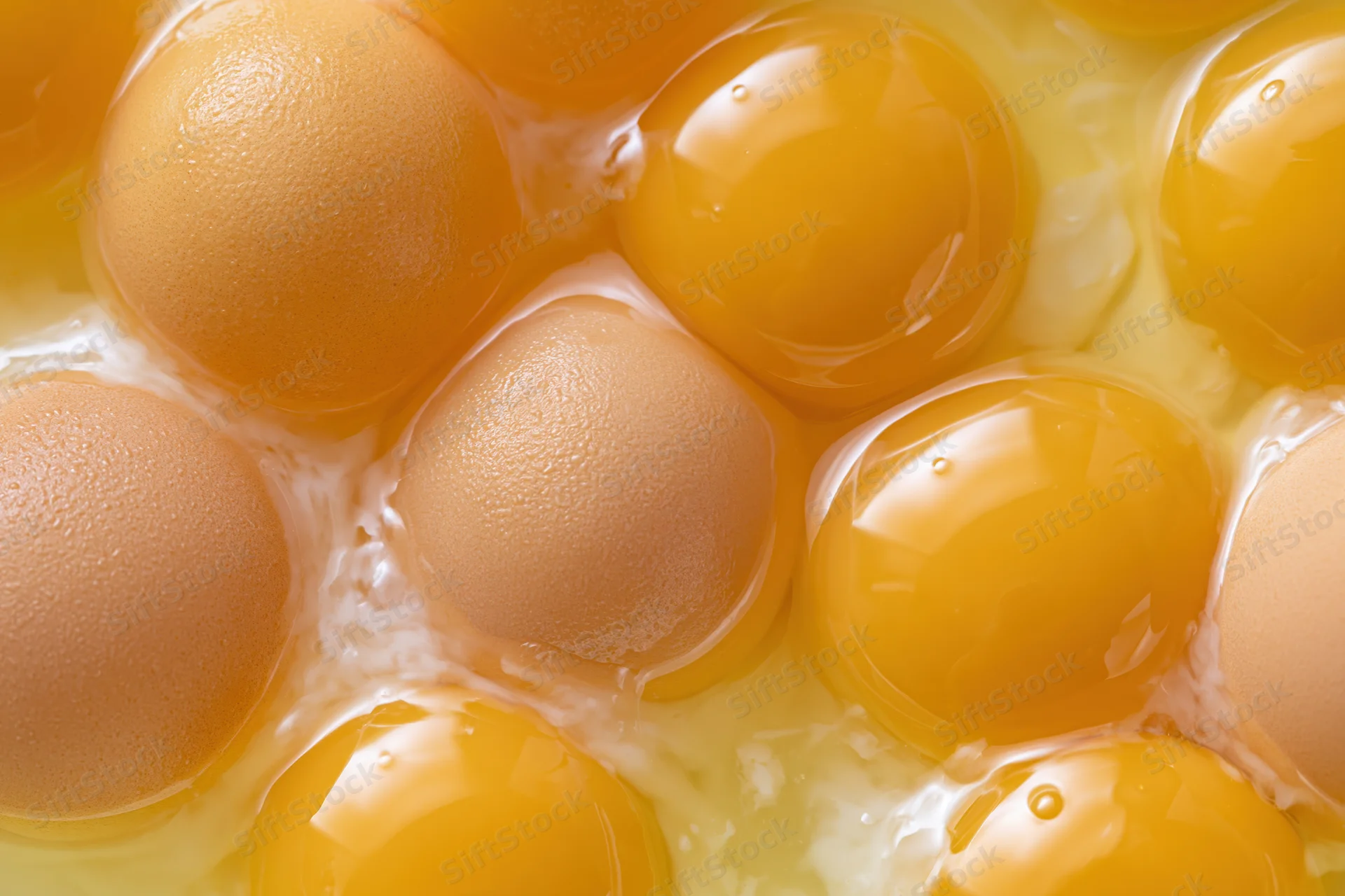 Multiple raw egg yolks cracked into a bowl viewed from directly above