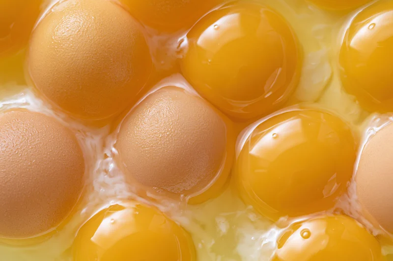 Multiple raw egg yolks cracked into a bowl viewed from directly above
