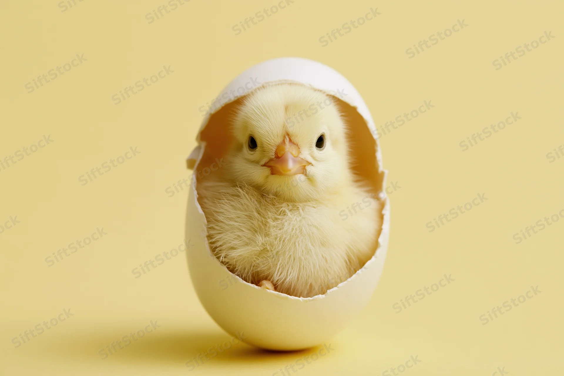 Newborn chick sitting inside a cracked white eggshell on a yellow background