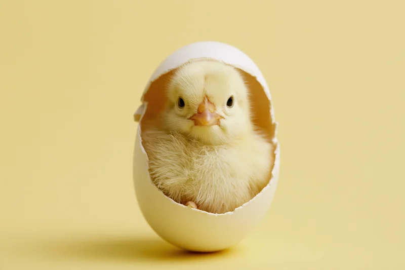 Newborn chick sitting inside a cracked white eggshell on a yellow background