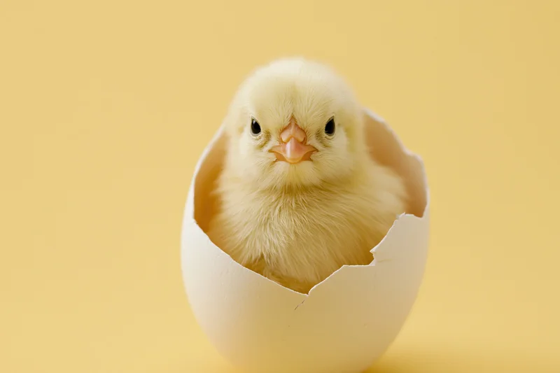 Newborn chick sitting inside a cracked white eggshell on a yellow background