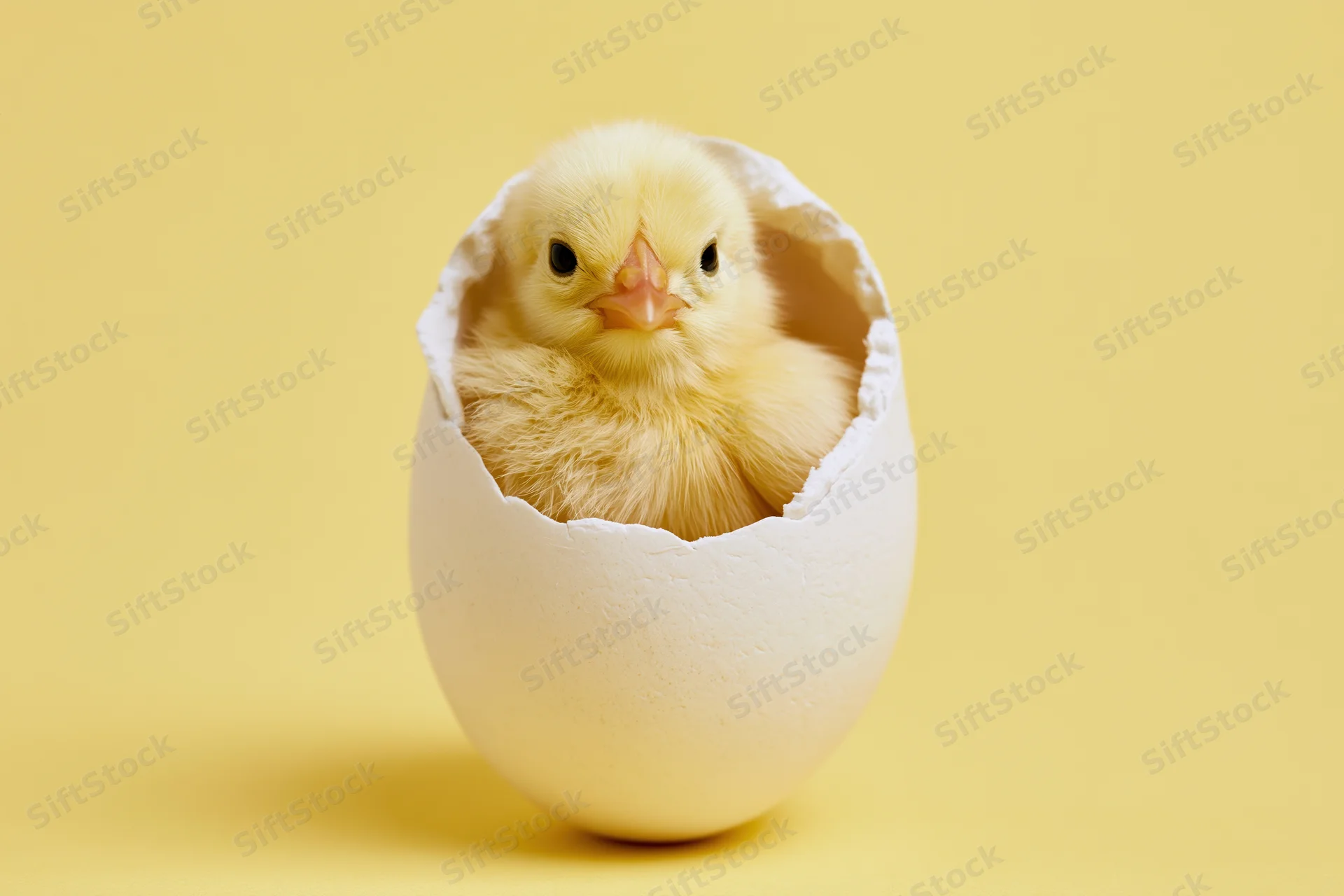 Newborn chick sitting inside a cracked white eggshell on yellow background