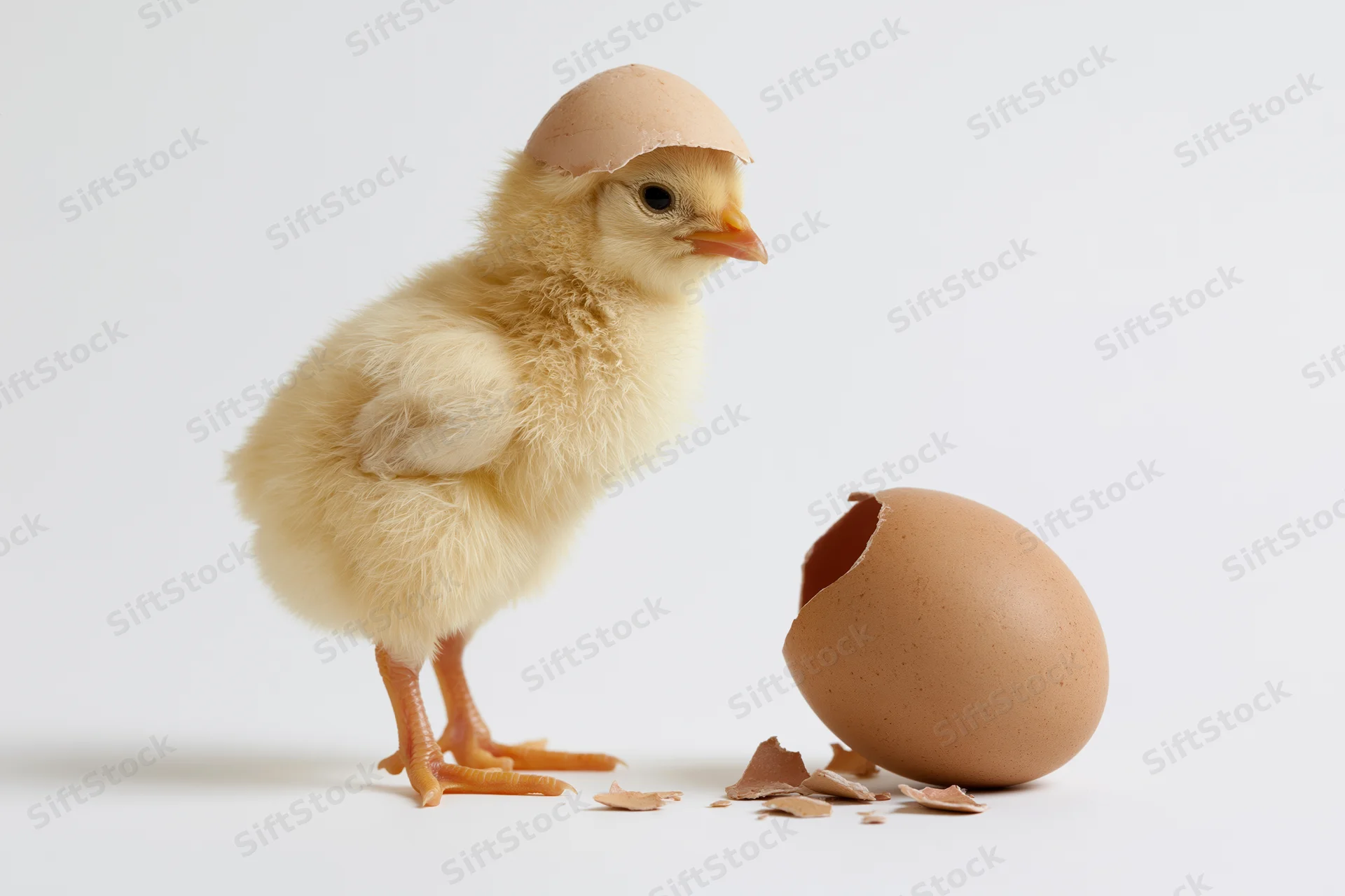 Newly hatched yellow chick standing upright next to broken eggshell on white background