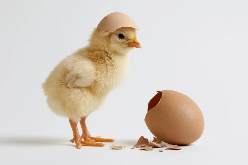 Newly hatched yellow chick standing upright next to broken eggshell on white background