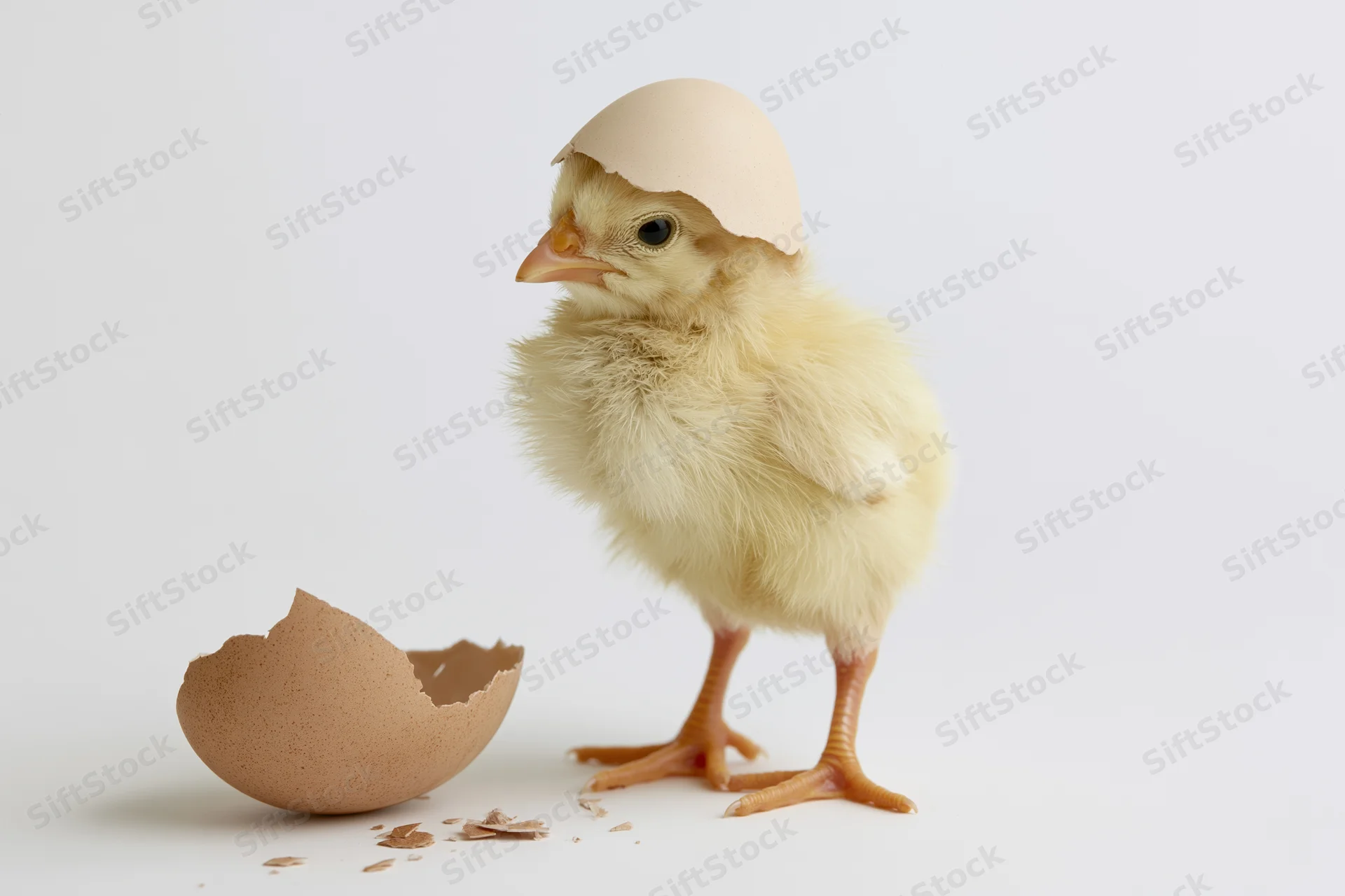Newly hatched yellow chick standing upright next to broken eggshell on white background