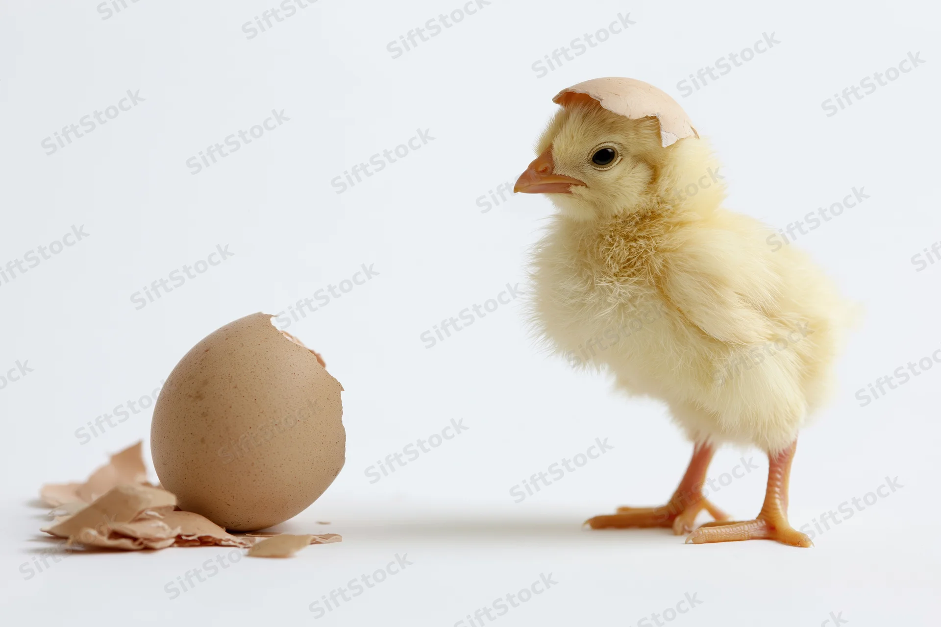 Newly hatched yellow chick standing upright next to broken eggshell on white background