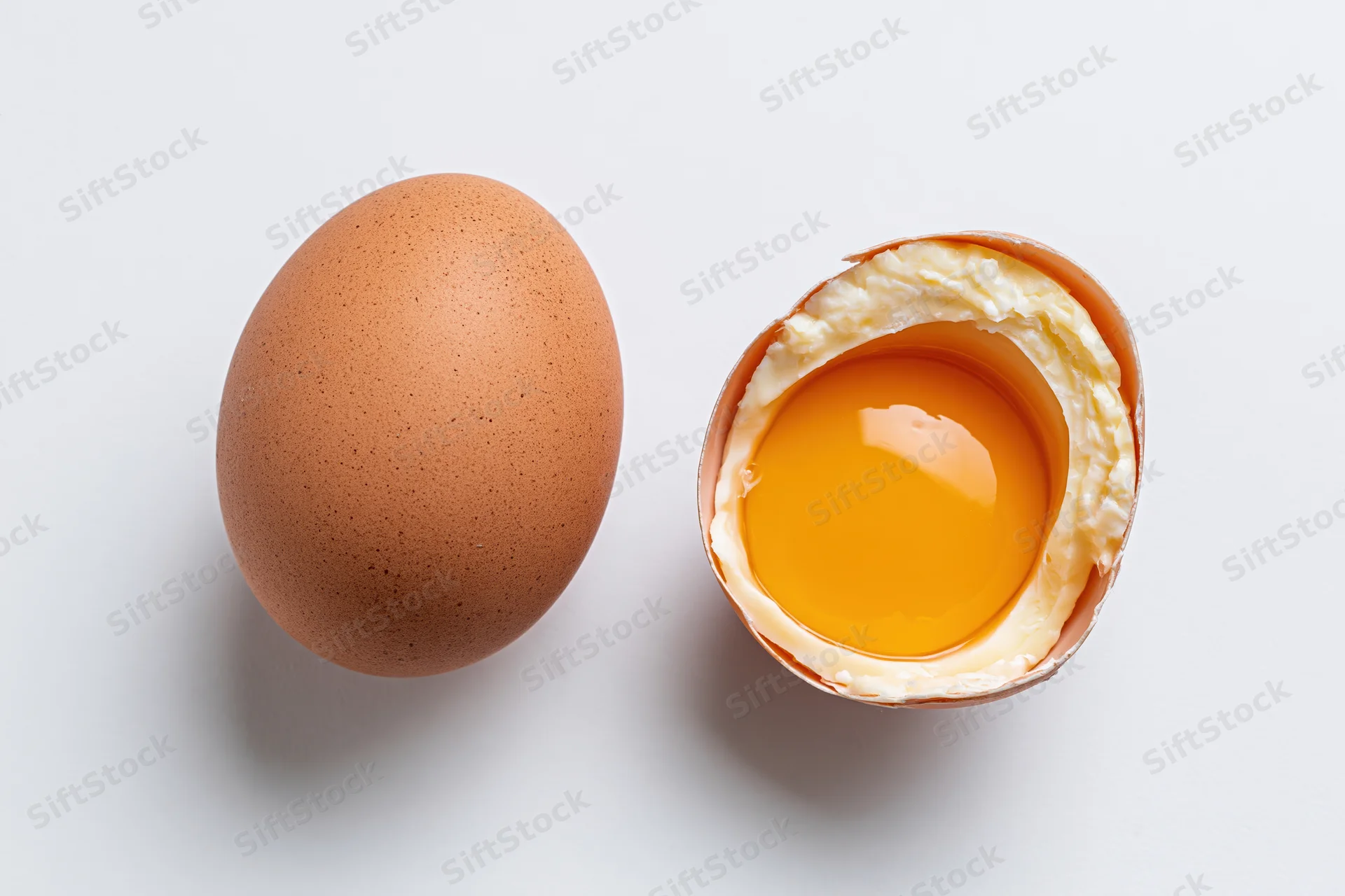 Whole brown chicken egg beside cracked half-shell holding yolk and white on white surface